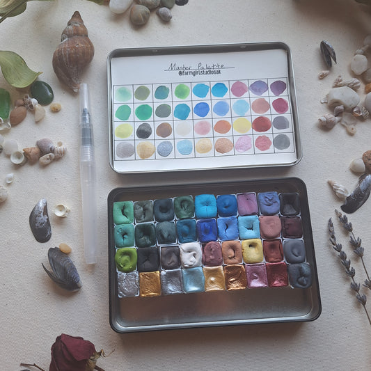 Handmade 36 Pan Watercolors - Master Palette + Water Brush