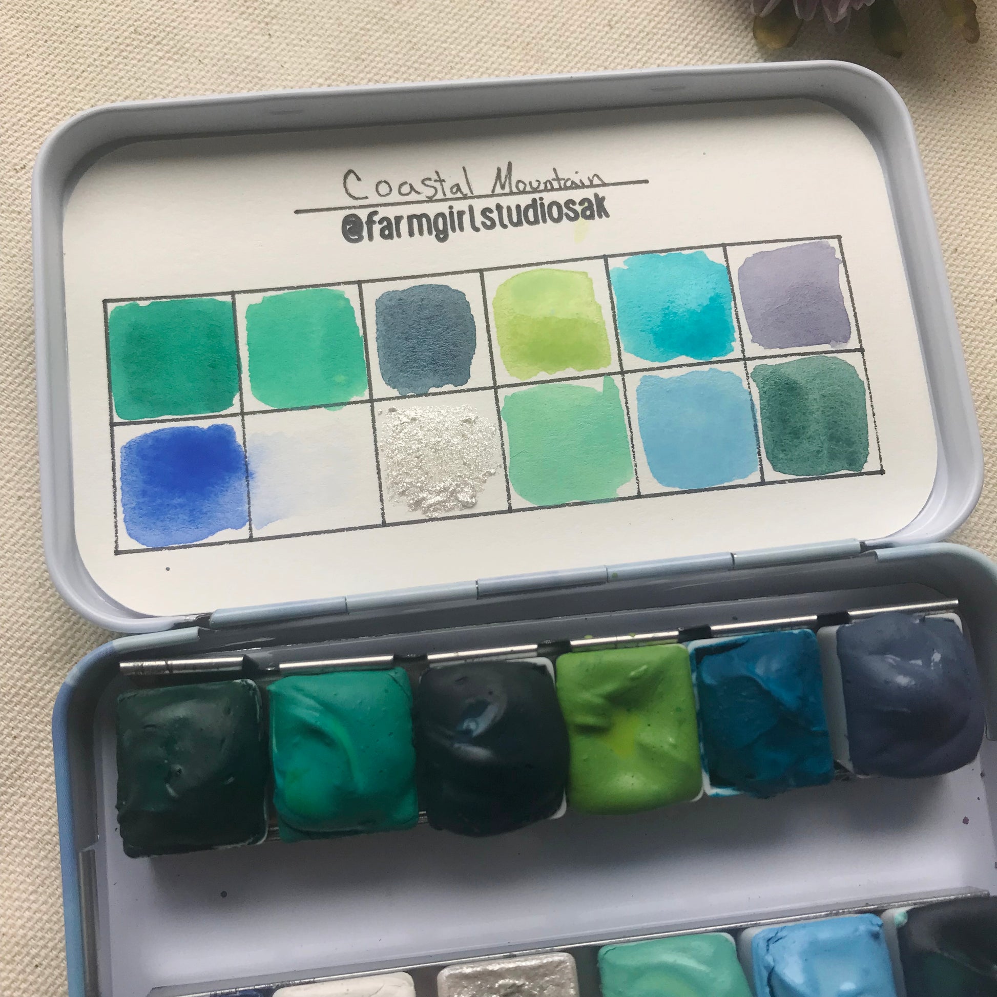 Close up of Coastal Mountain Travel Watercolor Palette