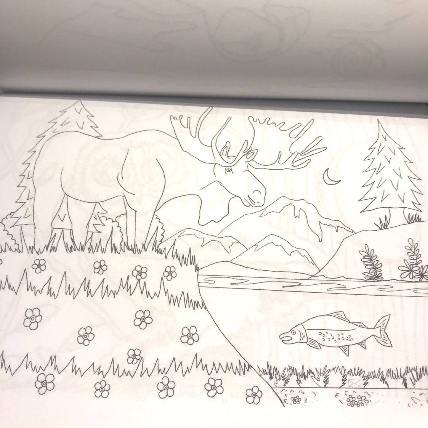 A moose, salmon, & mountain coloring page from Color Alaska Coloring Book